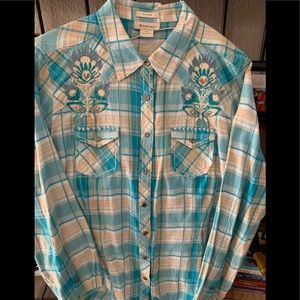 Rodeo shirt! Turquoise, tan and white!